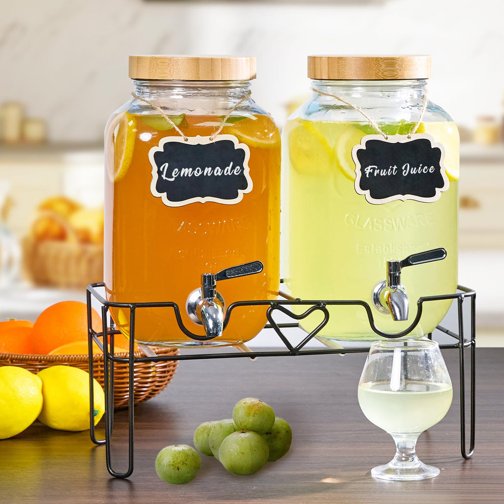 2 Pack 1 Gallon Glass Drink Dispenser with Stand and Fruit Infuser M7736
