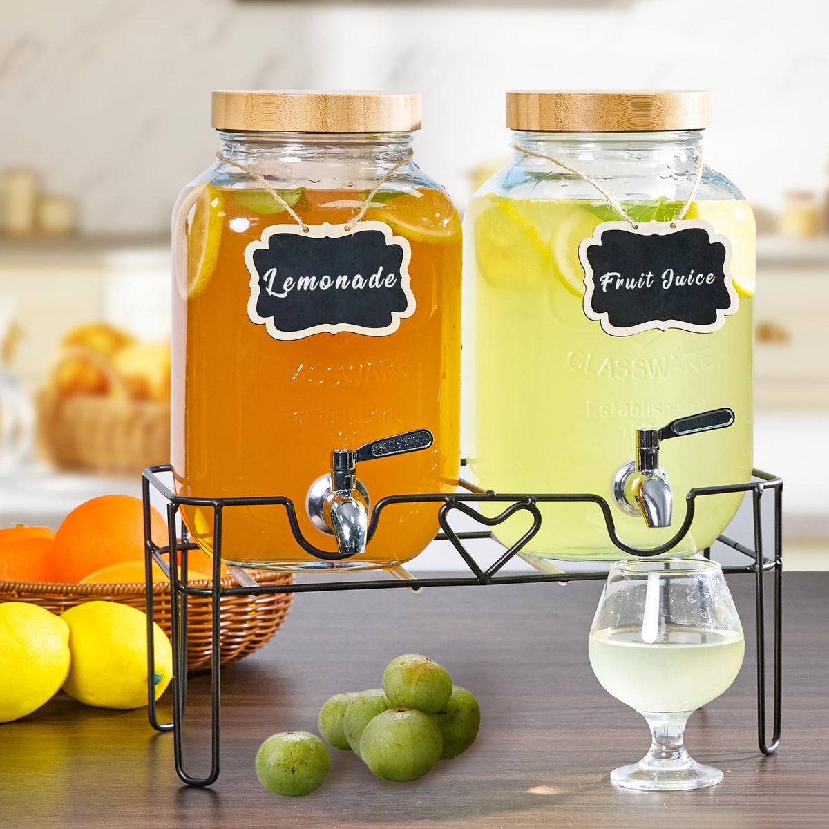 2 Pack 1 Gallon Glass Drink Dispenser with Stand and Fruit Infuser M7736