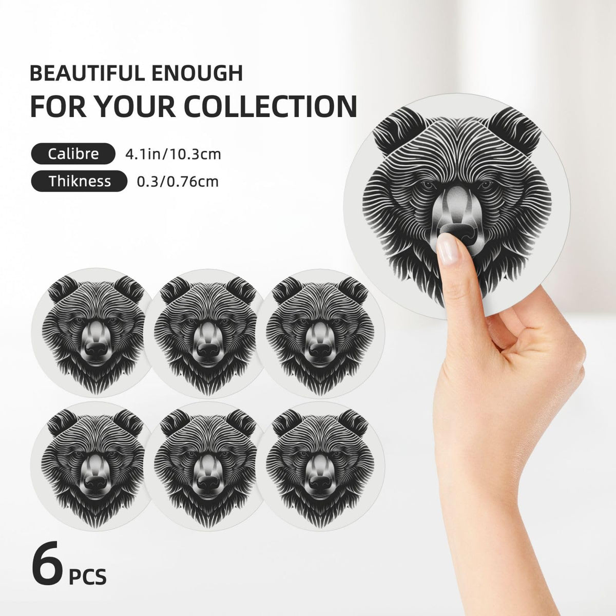 Black and White Bear Head Ceramic Coasters Set of 6 F4612