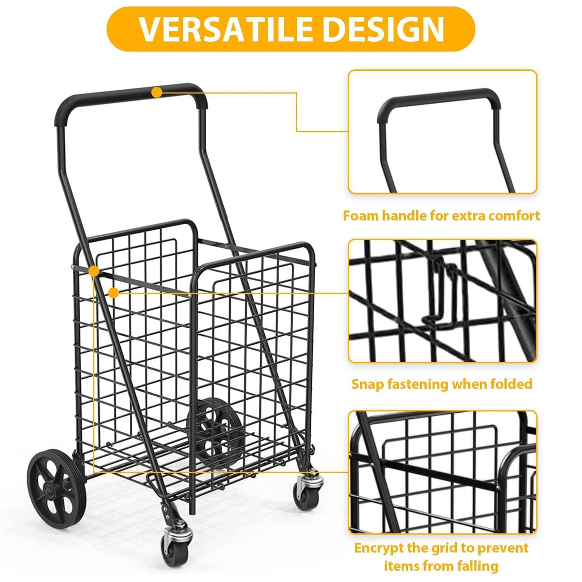 Grocery Shopping Cart with Swivel Wheels, Collapsible Utility Cart M7518