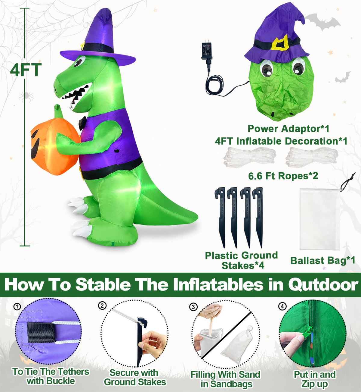 4 Ft Halloween Inflatables Witch Dinosaur P390