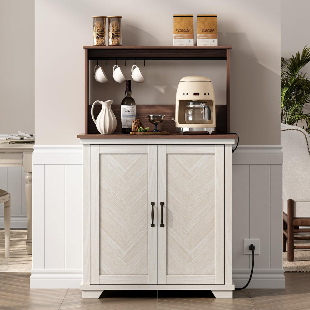 White Coffee Bar Cabinet with Storage and Charging B575