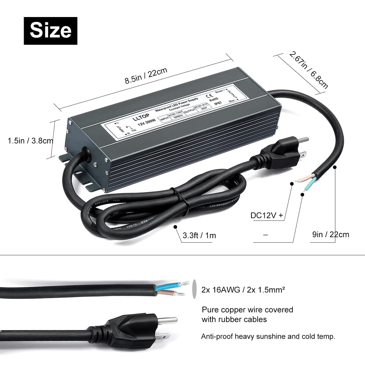 12V DC Waterproof IP67 Power Supply 200W 16.7A U919277