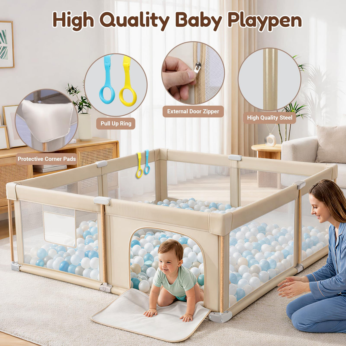 Foldable Baby Playpen with Mat, Mesh and Storage Bag O4803