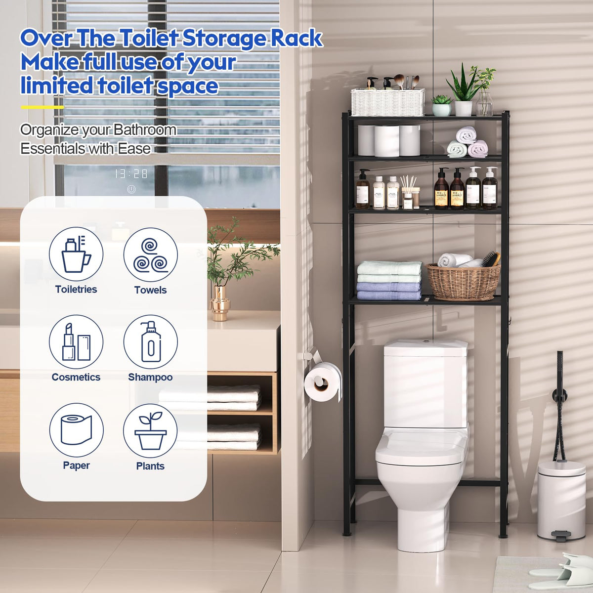 4 Tier Over The Toilet Storage Rack Black Q570716