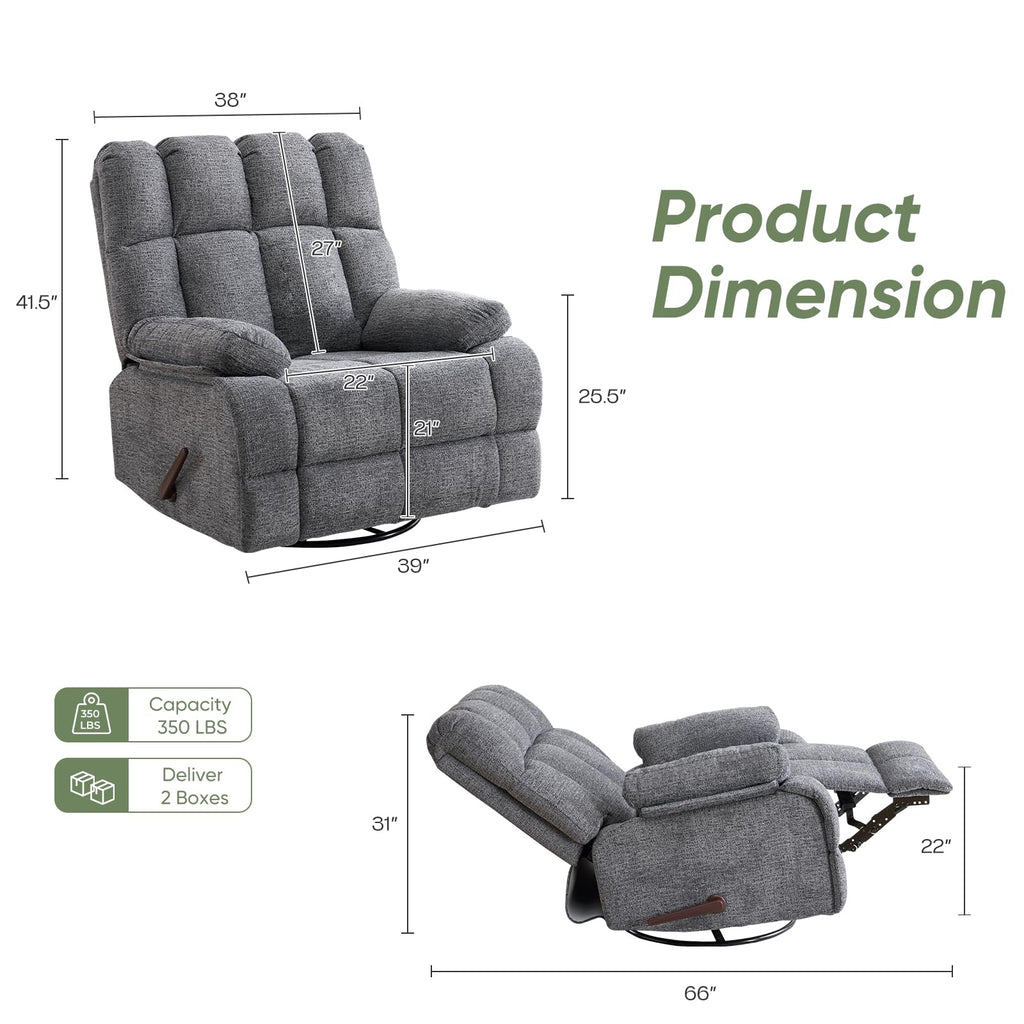 Oversized Chenille Grey Swivel Rocker Recliner S93006
