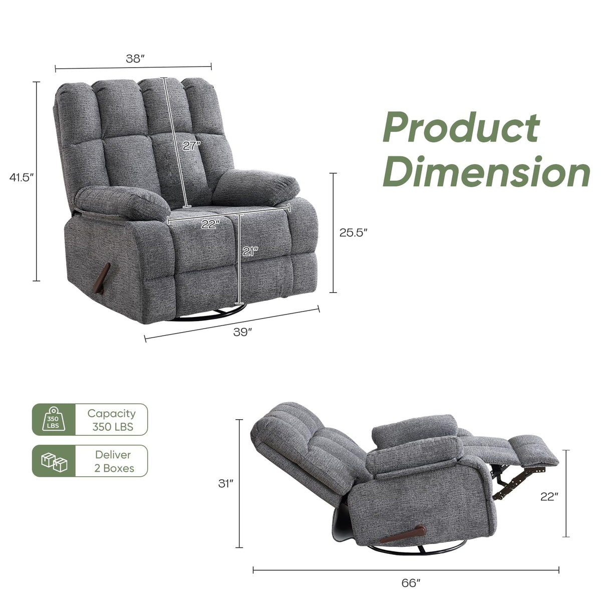 Oversized Chenille Grey Swivel Rocker Recliner S93006