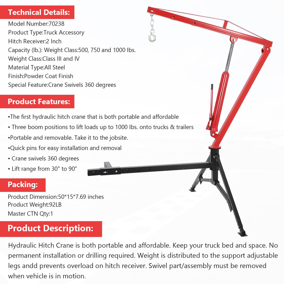 1000 Lbs Hydraulic Hitch Mounted Truck Crane P730216