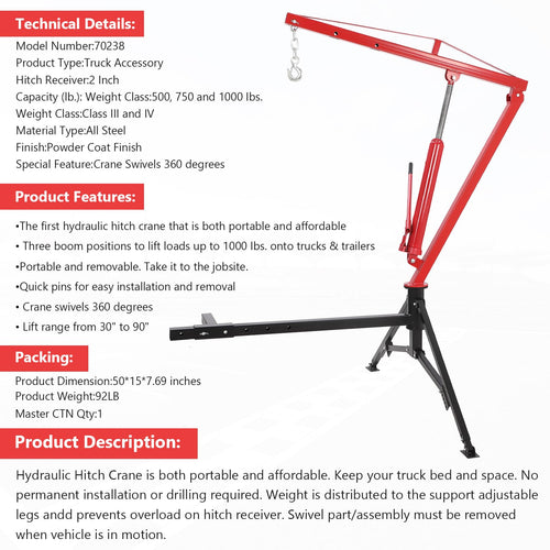 1000 Lbs Hydraulic Hitch Mounted Truck Crane P730216