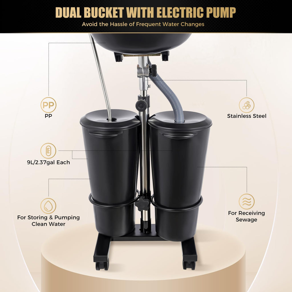 Portable Shampoo Bowl with Dual Buckets, Adjustable Height, Electric Pump, Foot Pedal Control, Black U16856