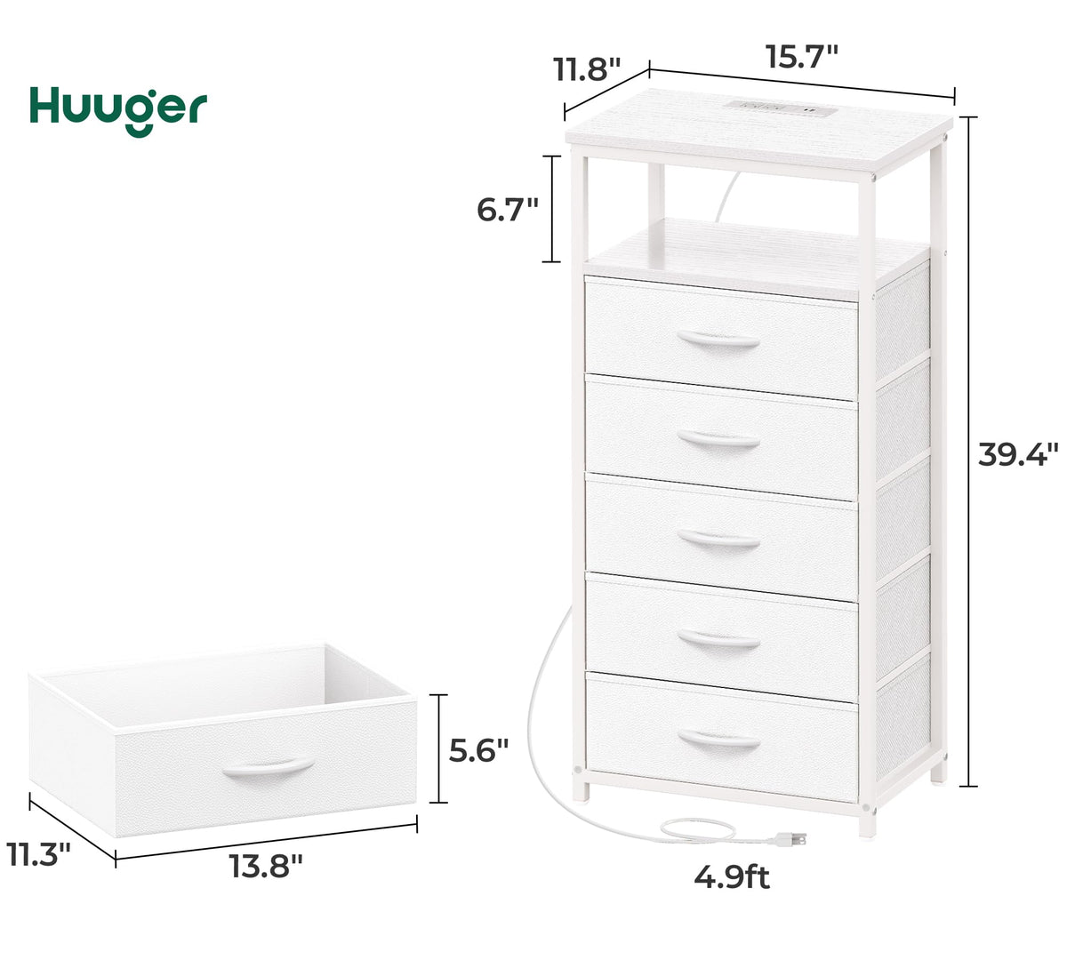 White 5 Drawer Dresser with Charging Station P93133