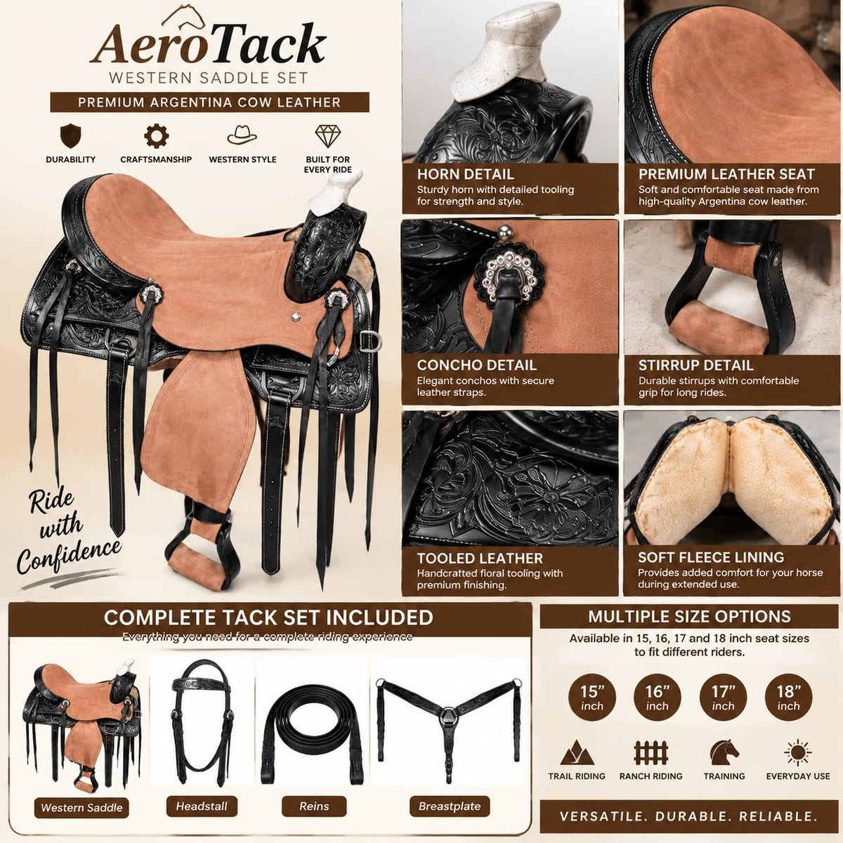 Argentina Cow Leather Saddle Set with Headstall, Reins & Breastplate C150133