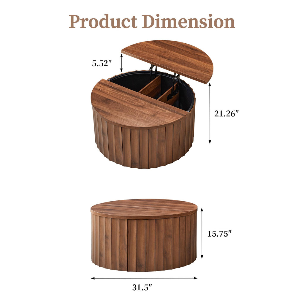 Fluted Round Lift Top Coffee Table with Storage T186