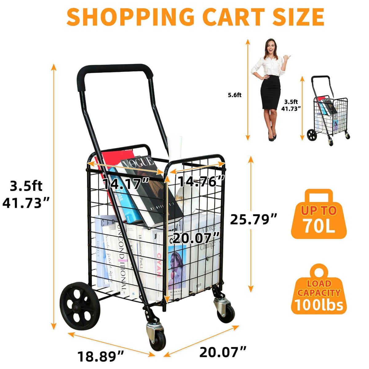 Grocery Shopping Cart with Swivel Wheels, Collapsible Utility Cart M7518