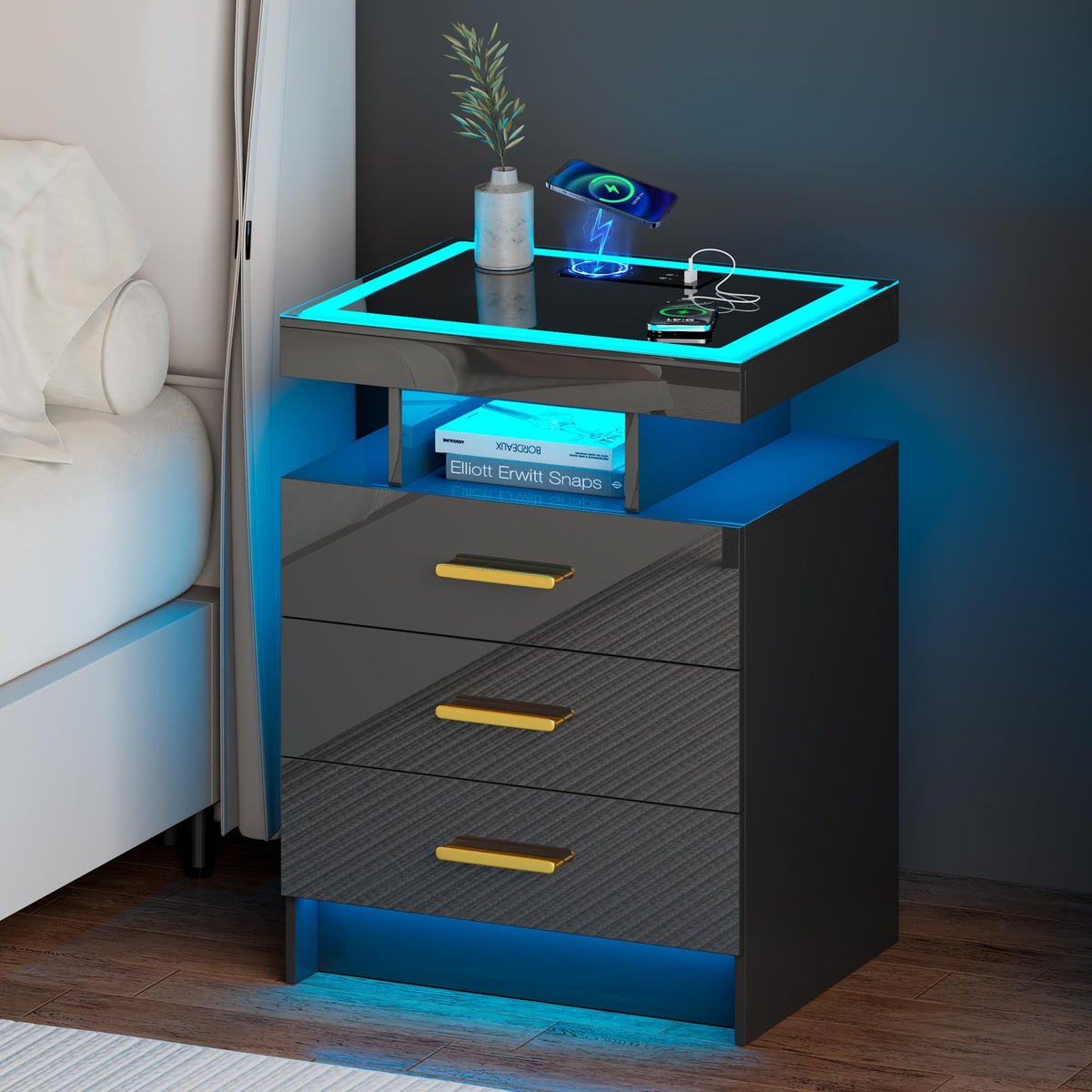 Black 3 Drawer LED Nightstand with Charging Station R143845