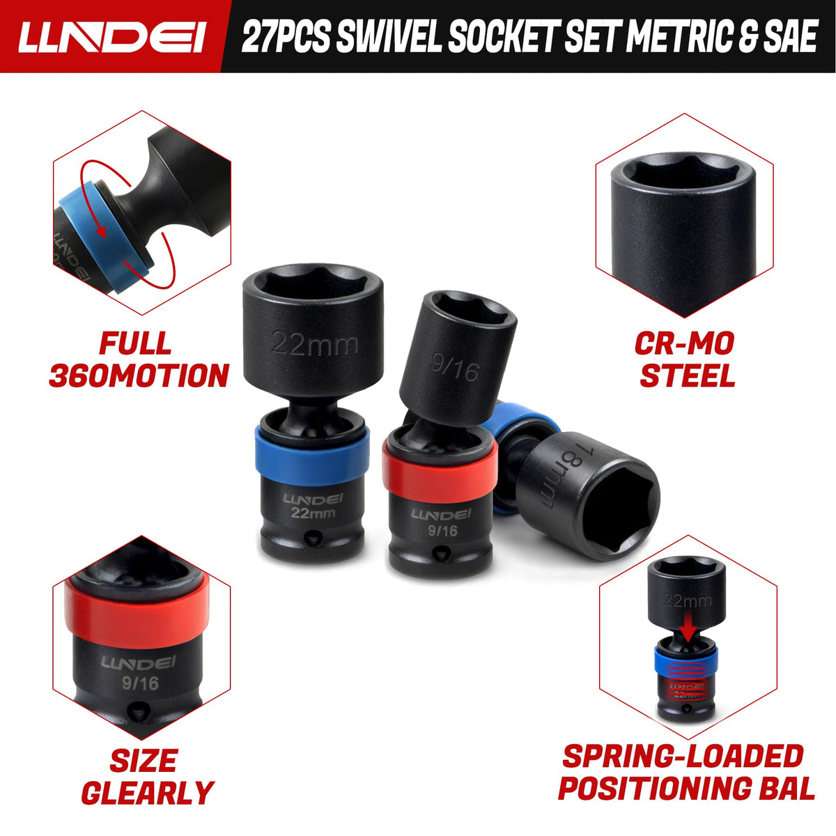 27Pcs 3/8" Impact Swivel Socket Set, Metric & SAE K27276