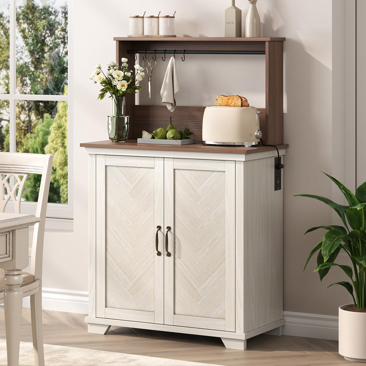 White Coffee Bar Cabinet with Storage and Charging B575