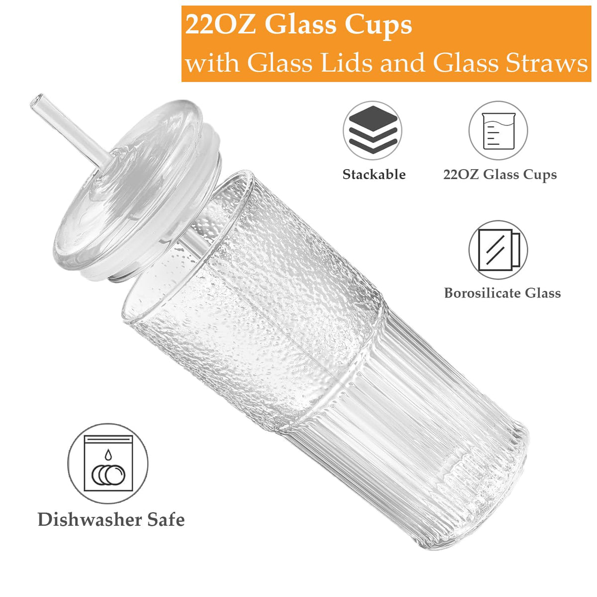 2Pcs 22oz Glass Cups with Lids and Straws D164063