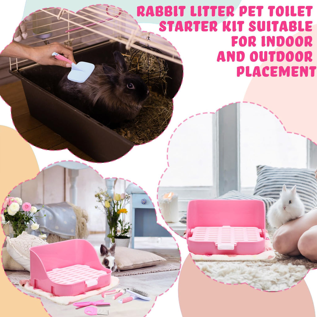 15 Pcs Rabbit Starter Kit Litter Box Grooming Kit Toys Bowl Blankets Cleaning Set Pink U508