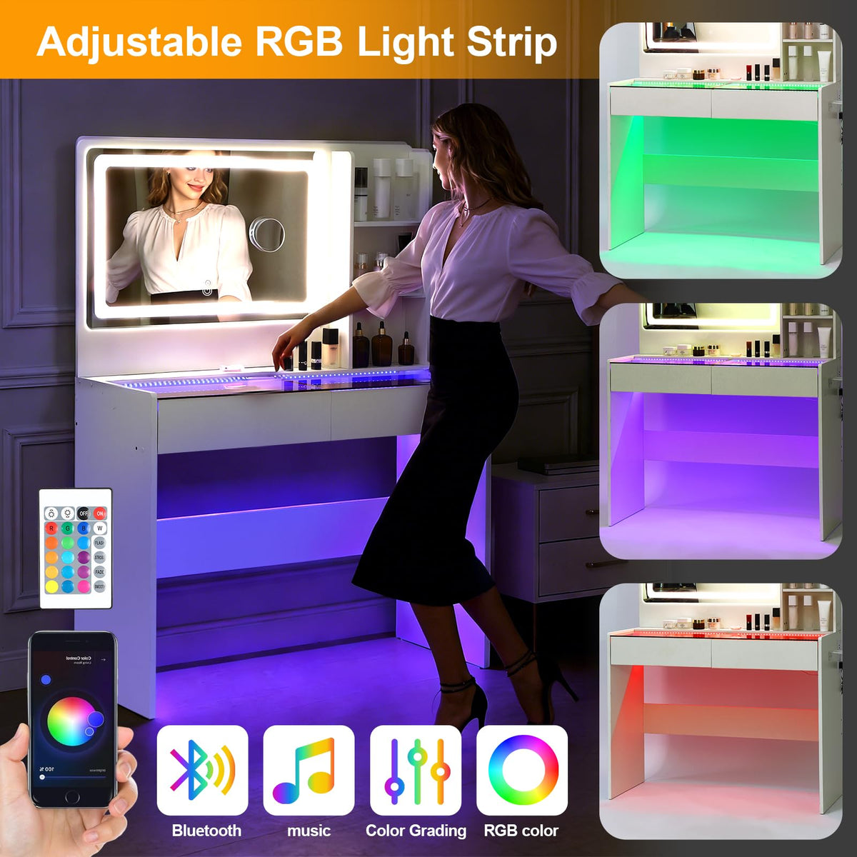White Makeup Vanity Desk with LED Mirror K89344