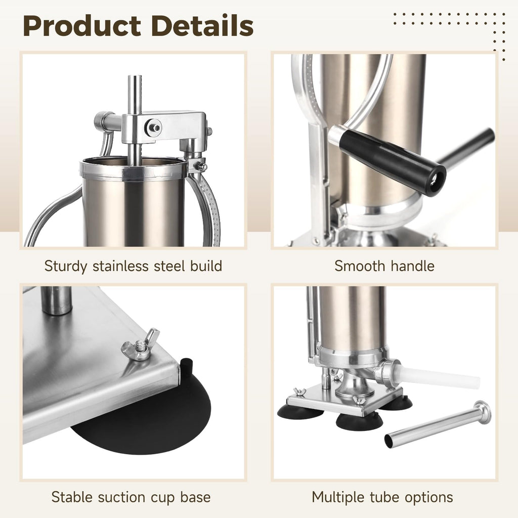 3L Hand Crank Stainless Steel Sausage Stuffer with 8 Tubes F7004