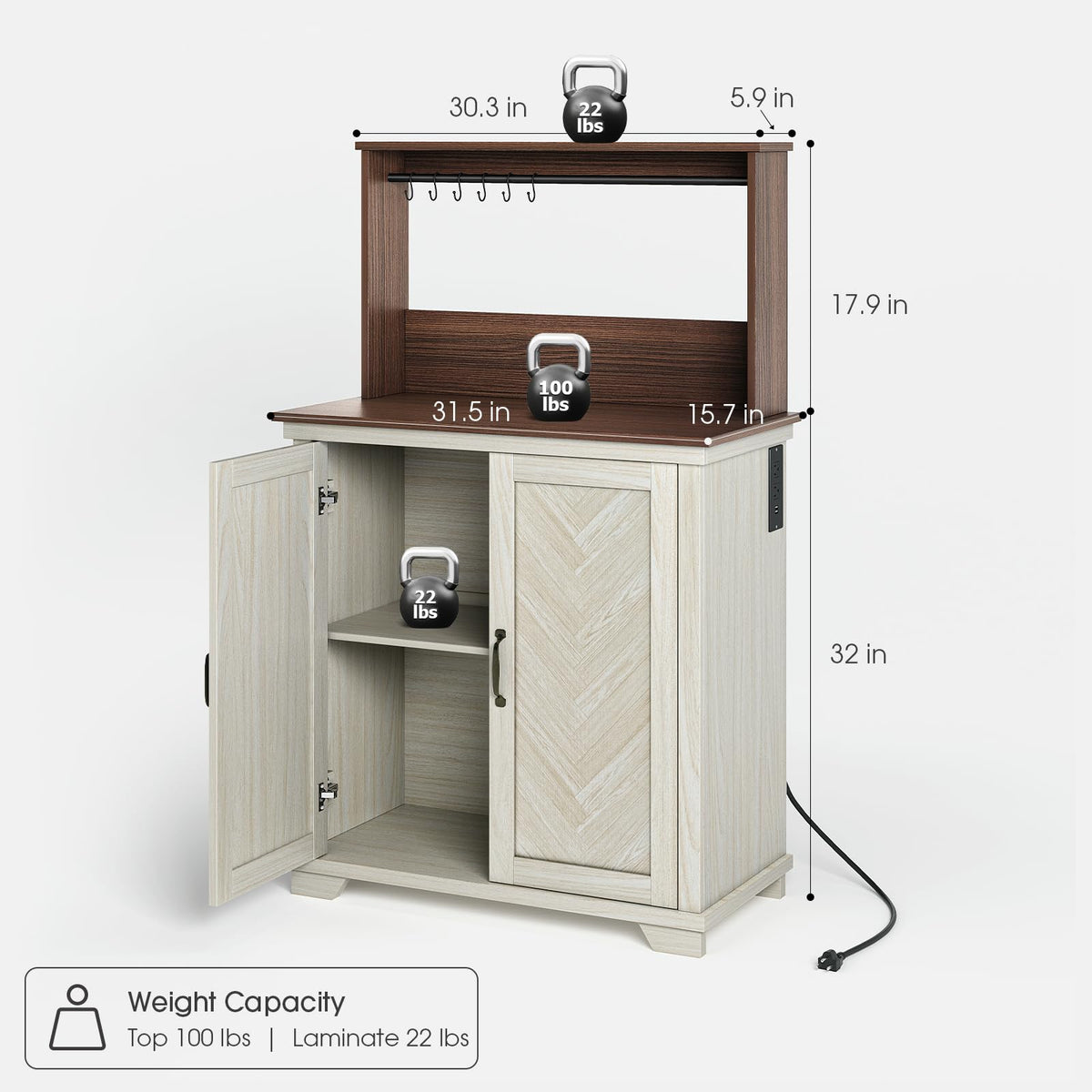 White Coffee Bar Cabinet with Storage and Charging B575
