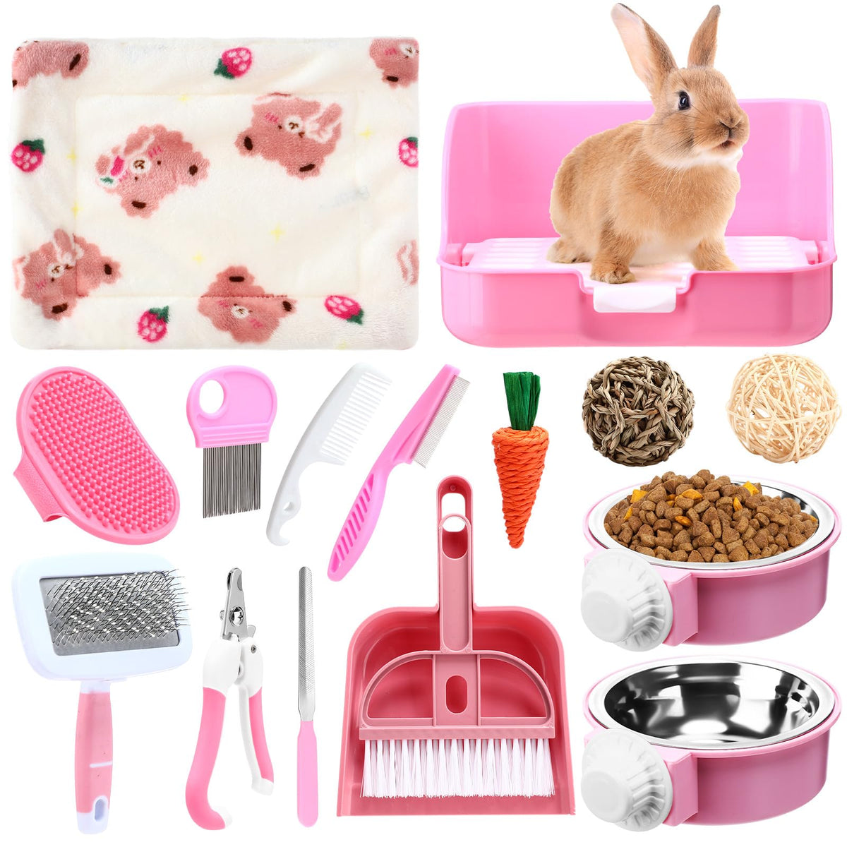 15 Pcs Rabbit Starter Kit Litter Box Grooming Kit Toys Bowl Blankets Cleaning Set Pink U508
