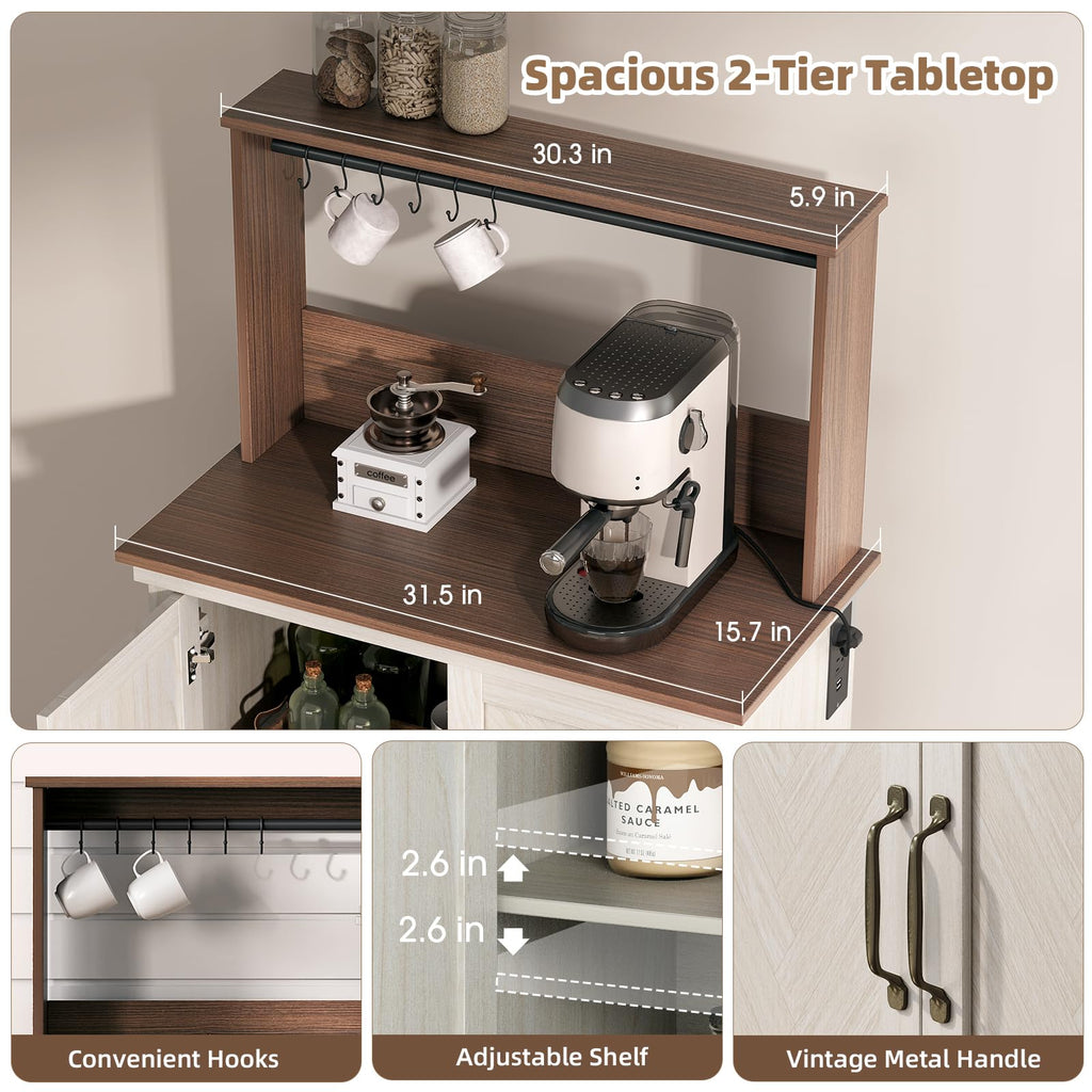 White Coffee Bar Cabinet with Storage and Charging B575