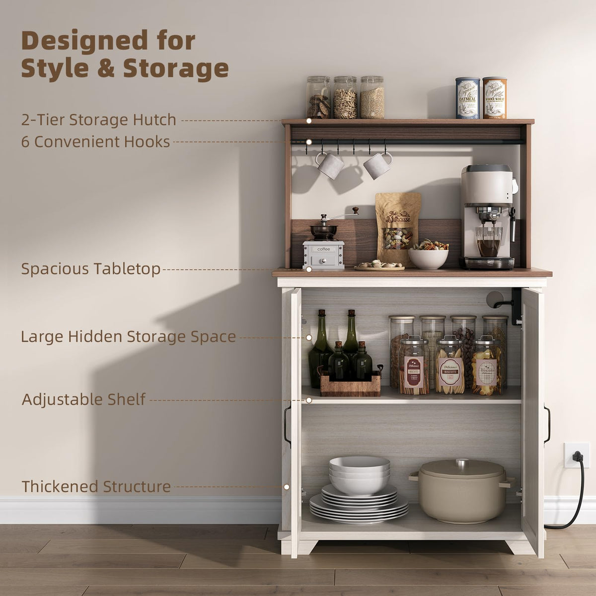 White Coffee Bar Cabinet with Storage and Charging B575