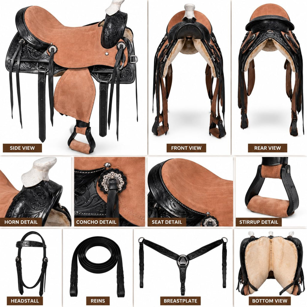 Argentina Cow Leather Saddle Set with Headstall, Reins & Breastplate C150133