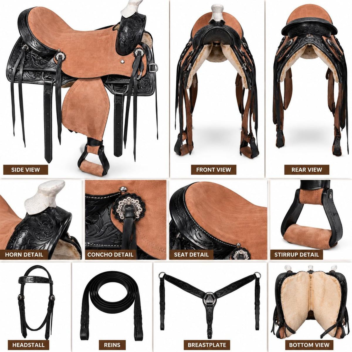Argentina Cow Leather Saddle Set with Headstall, Reins & Breastplate C150133