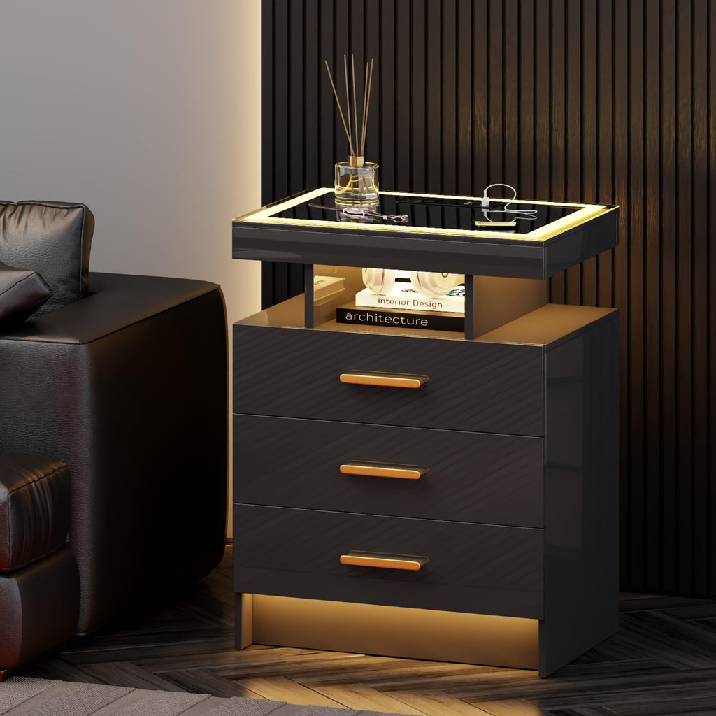 Black 3 Drawer LED Nightstand with Charging Station R143845