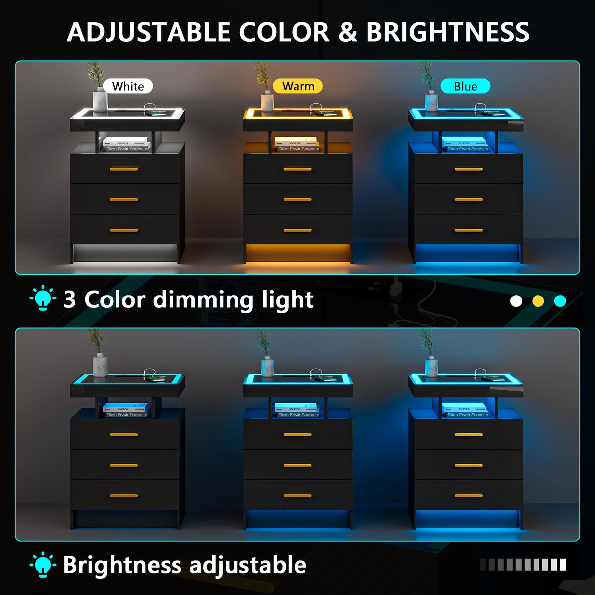 Black 3 Drawer LED Nightstand with Charging Station R143845