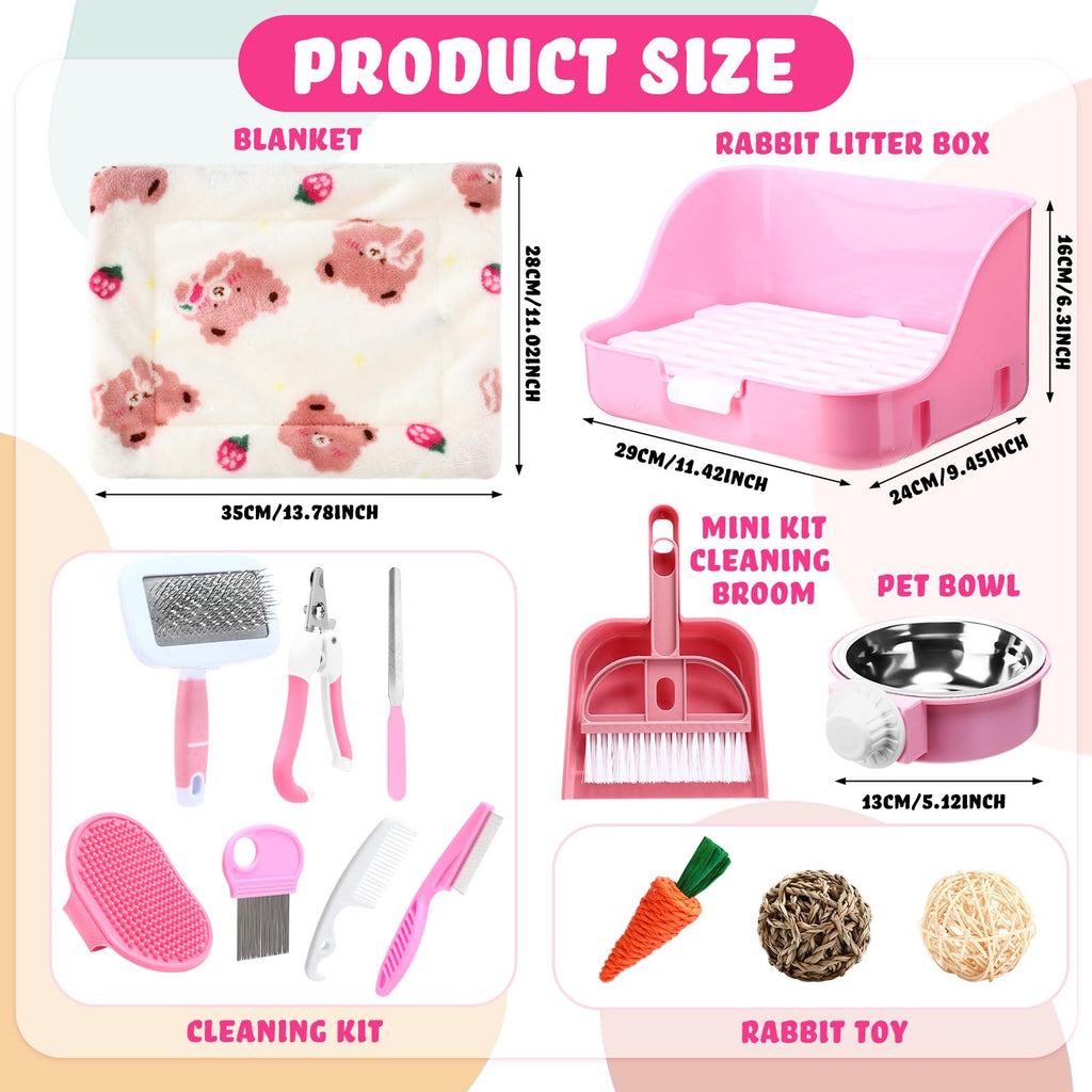 15 Pcs Rabbit Starter Kit Litter Box Grooming Kit Toys Bowl Blankets Cleaning Set Pink U508