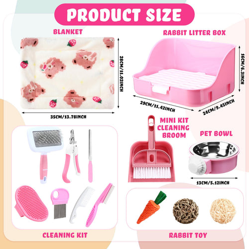 15 Pcs Rabbit Starter Kit Litter Box Grooming Kit Toys Bowl Blankets Cleaning Set Pink U508