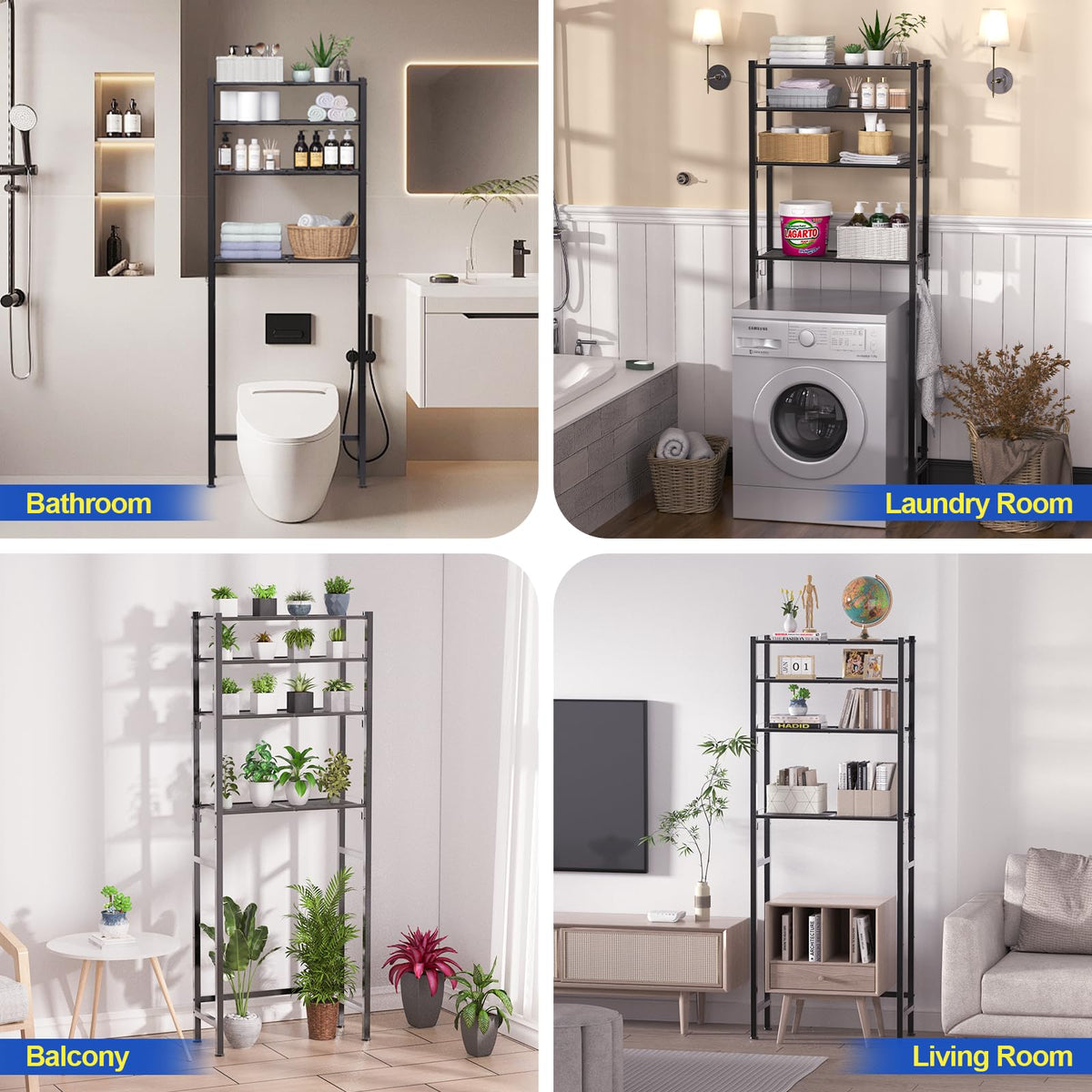 4 Tier Over The Toilet Storage Rack Black Q570716