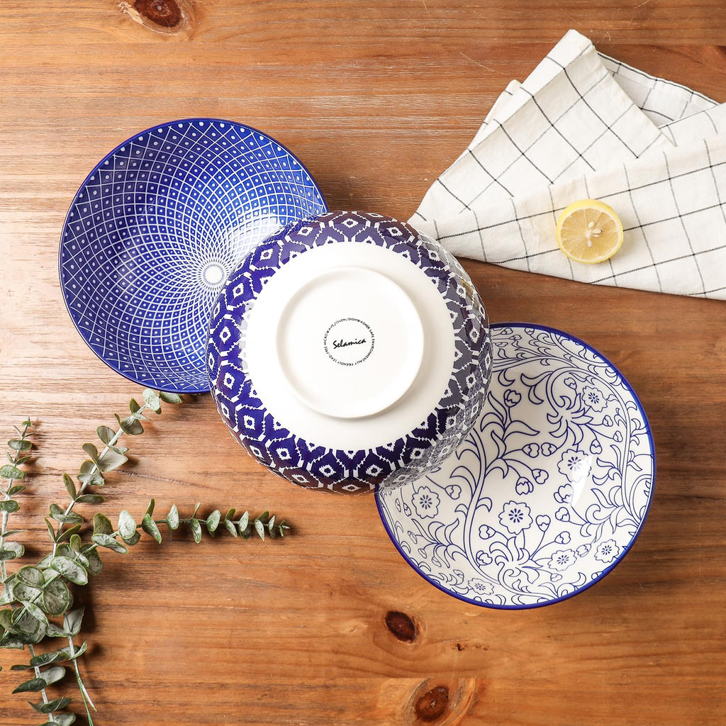 Ceramic 53 OZ Salad Bowls Set, Set of 3, Vintage Blue A424