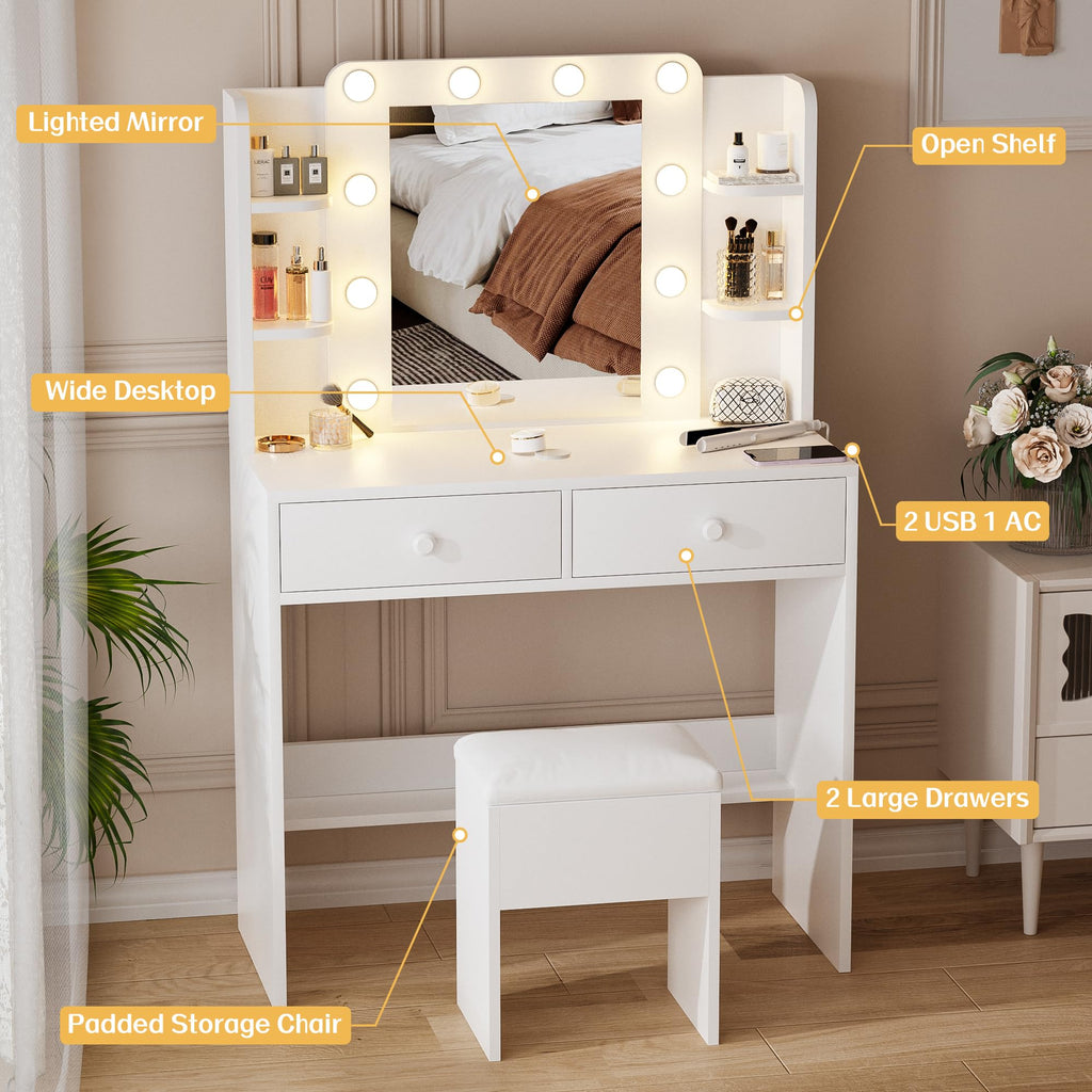 White Makeup Vanity Desk with Lighted Mirror and Chair Set C261600