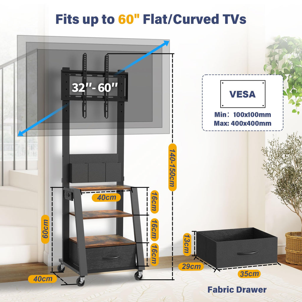 Rolling TV Stand with Power Outlet & 4-Tier Storage for 23-60 Inch Flat/Curved Screen T925