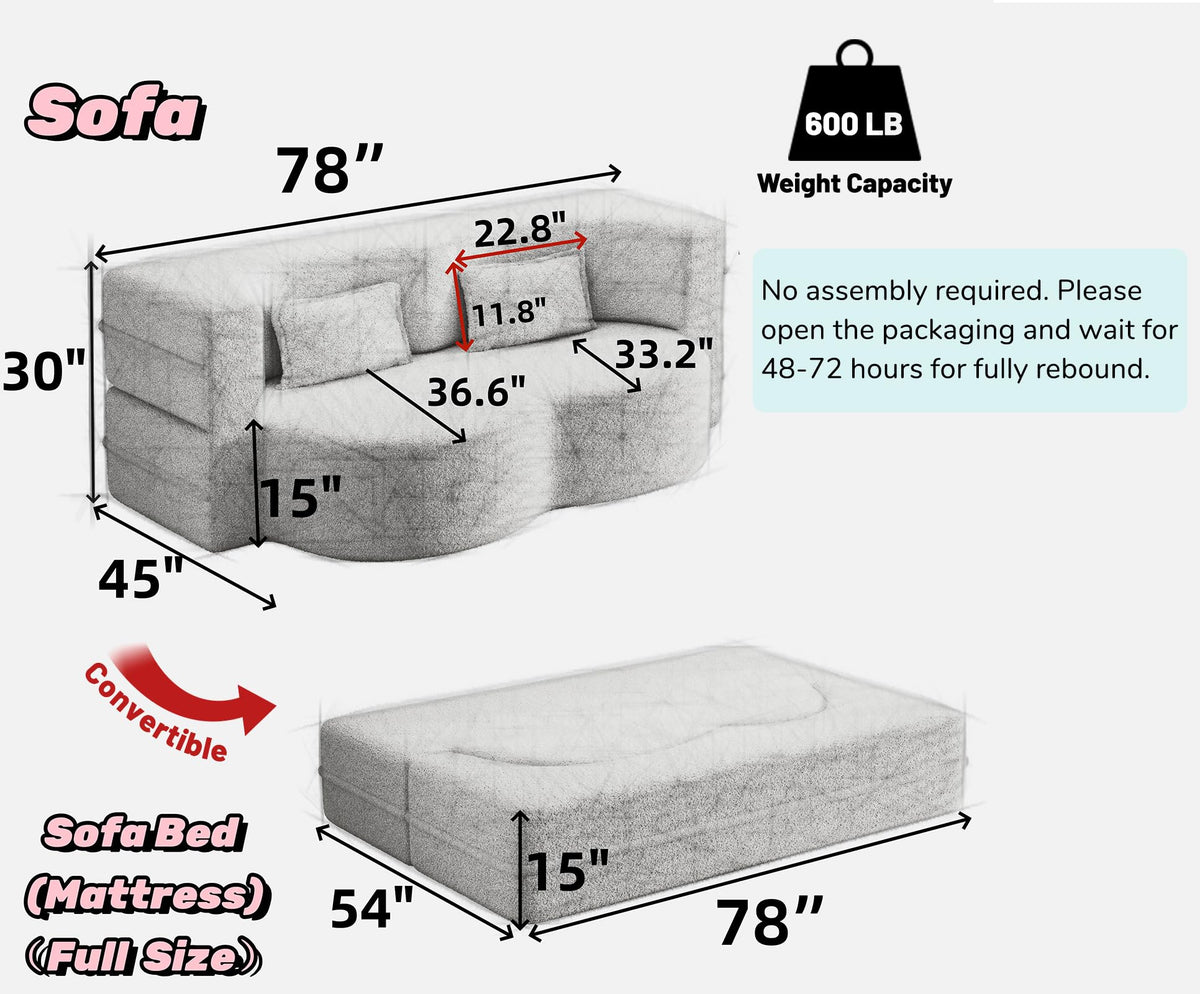 78" Full Size Pink Folding Sofa Bed W384877