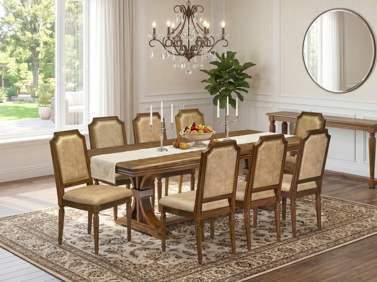 9 Piece Kitchen Table Set with 8 Beige Polyester Fabric Chairs D10092