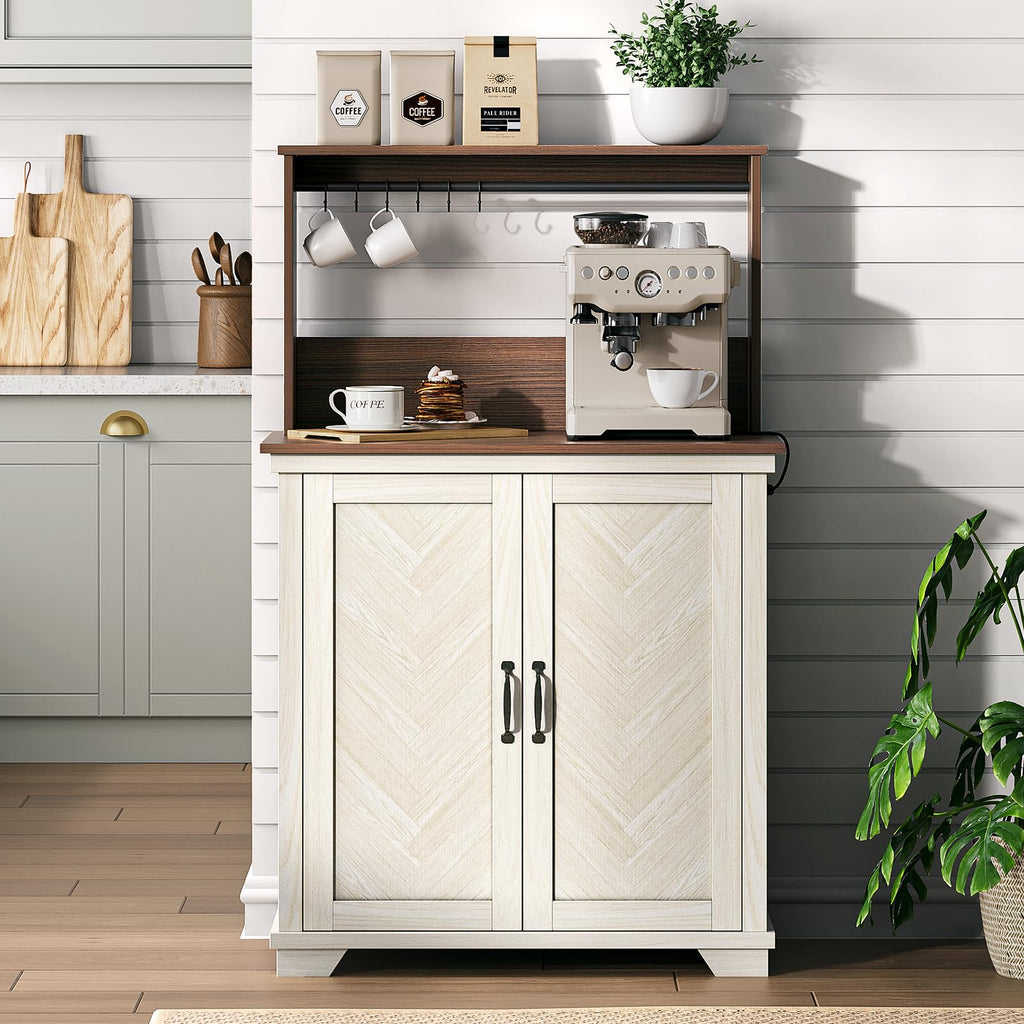 White Coffee Bar Cabinet with Storage and Charging B575