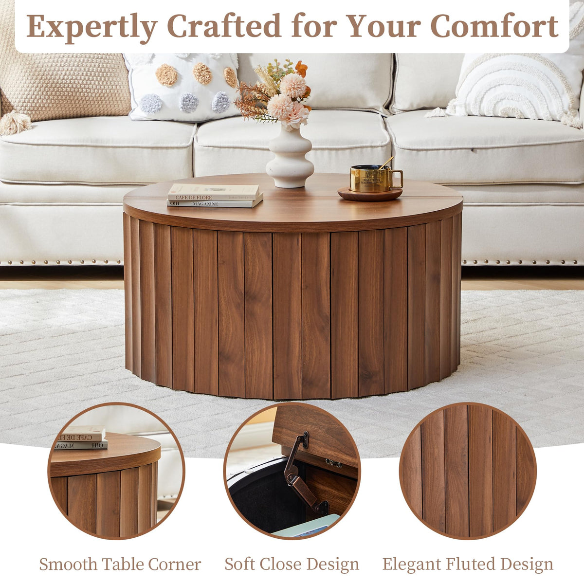 Fluted Round Lift Top Coffee Table with Storage T186