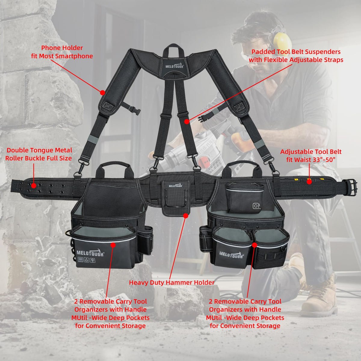Tool Belt with Suspenders 32 Pockets 34"-48" Waist A475841