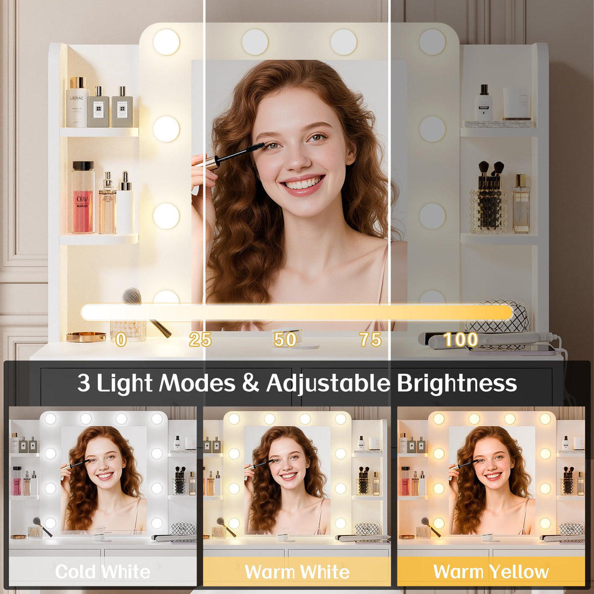 White Makeup Vanity Desk with Lighted Mirror and Chair Set C261600