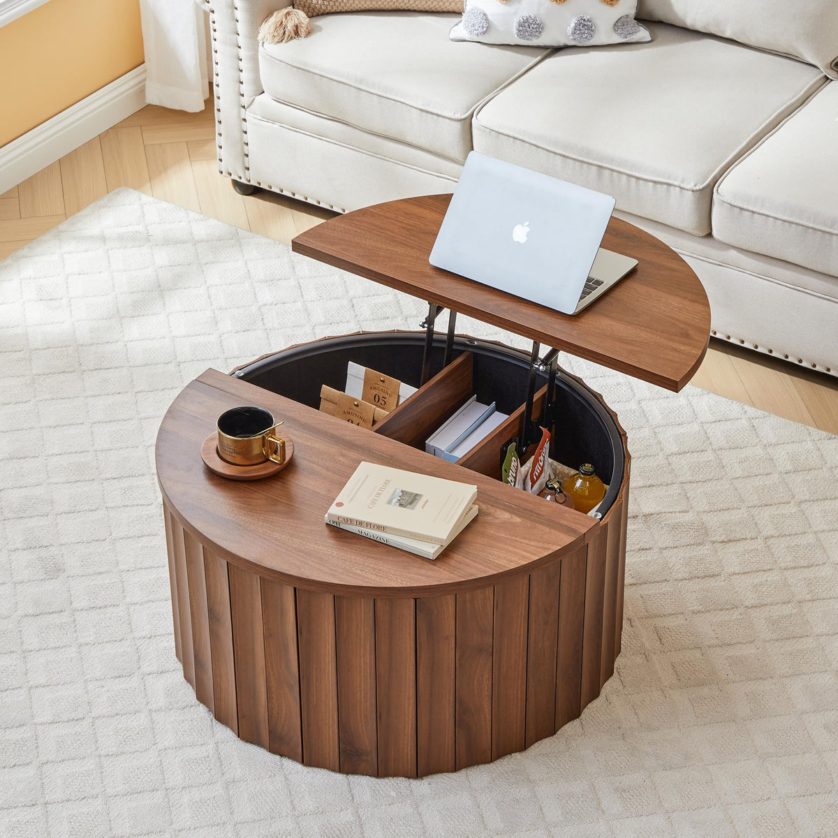 Fluted Round Lift Top Coffee Table with Storage T186