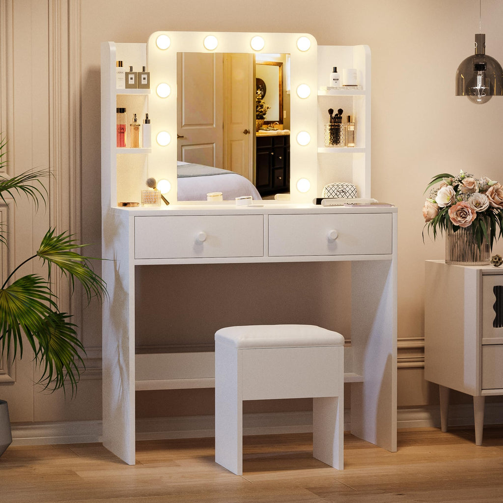 White Makeup Vanity Desk with Lighted Mirror and Chair Set C261600