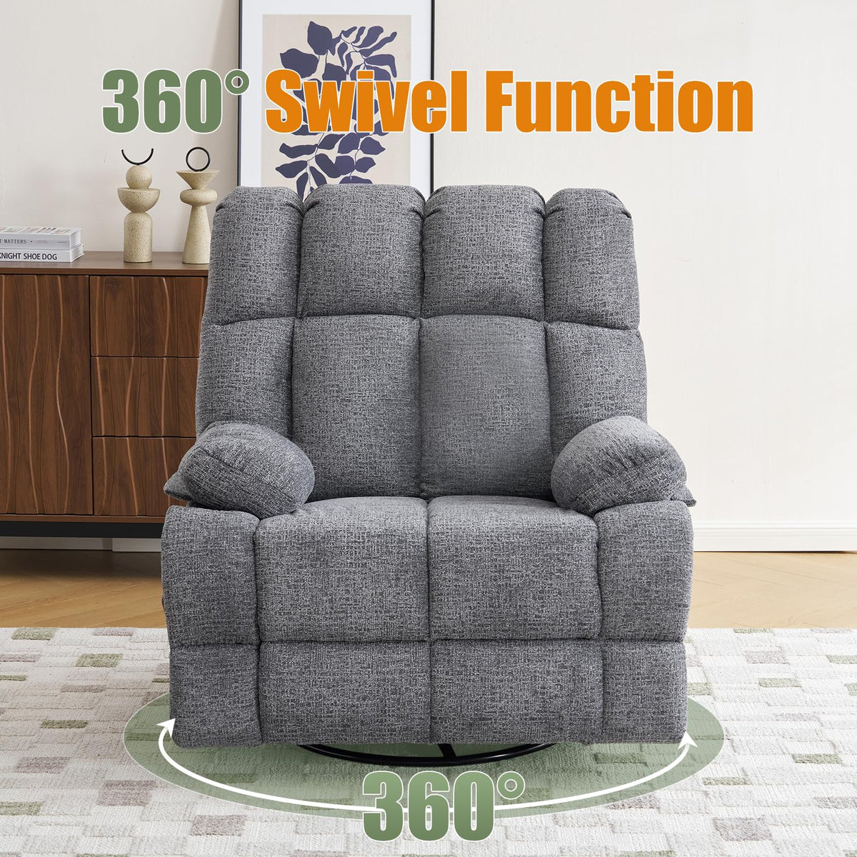 Oversized Chenille Grey Swivel Rocker Recliner S93006