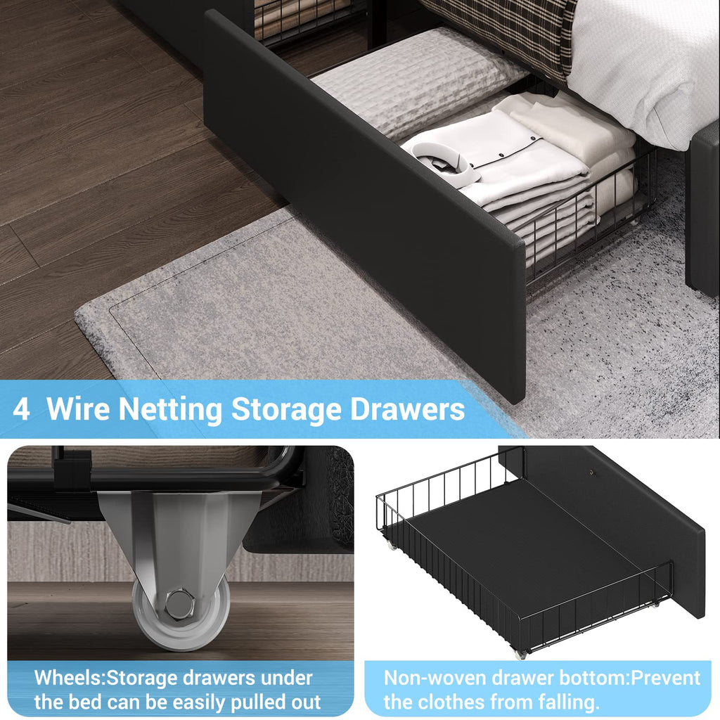 Full Size Upholstered Platform Bed Frame with Headboard and 4 Storage Drawers A5817
