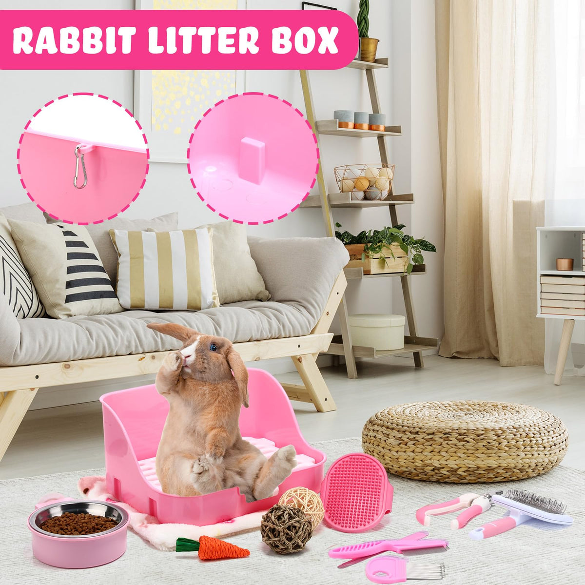 15 Pcs Rabbit Starter Kit Litter Box Grooming Kit Toys Bowl Blankets Cleaning Set Pink U508